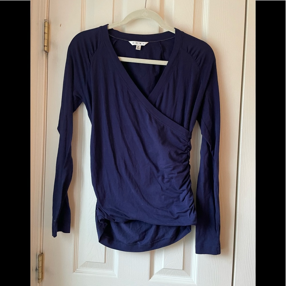 Cabi Crossover Wrap Vintage Top with ruched sides. Navy blue. # 131 Size Medium